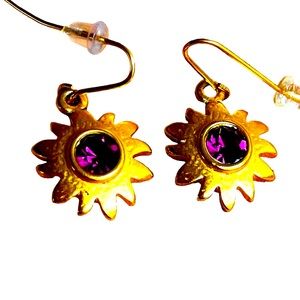 Golden Sun Earrings French Wire Eggplant Purple Center Cabochon